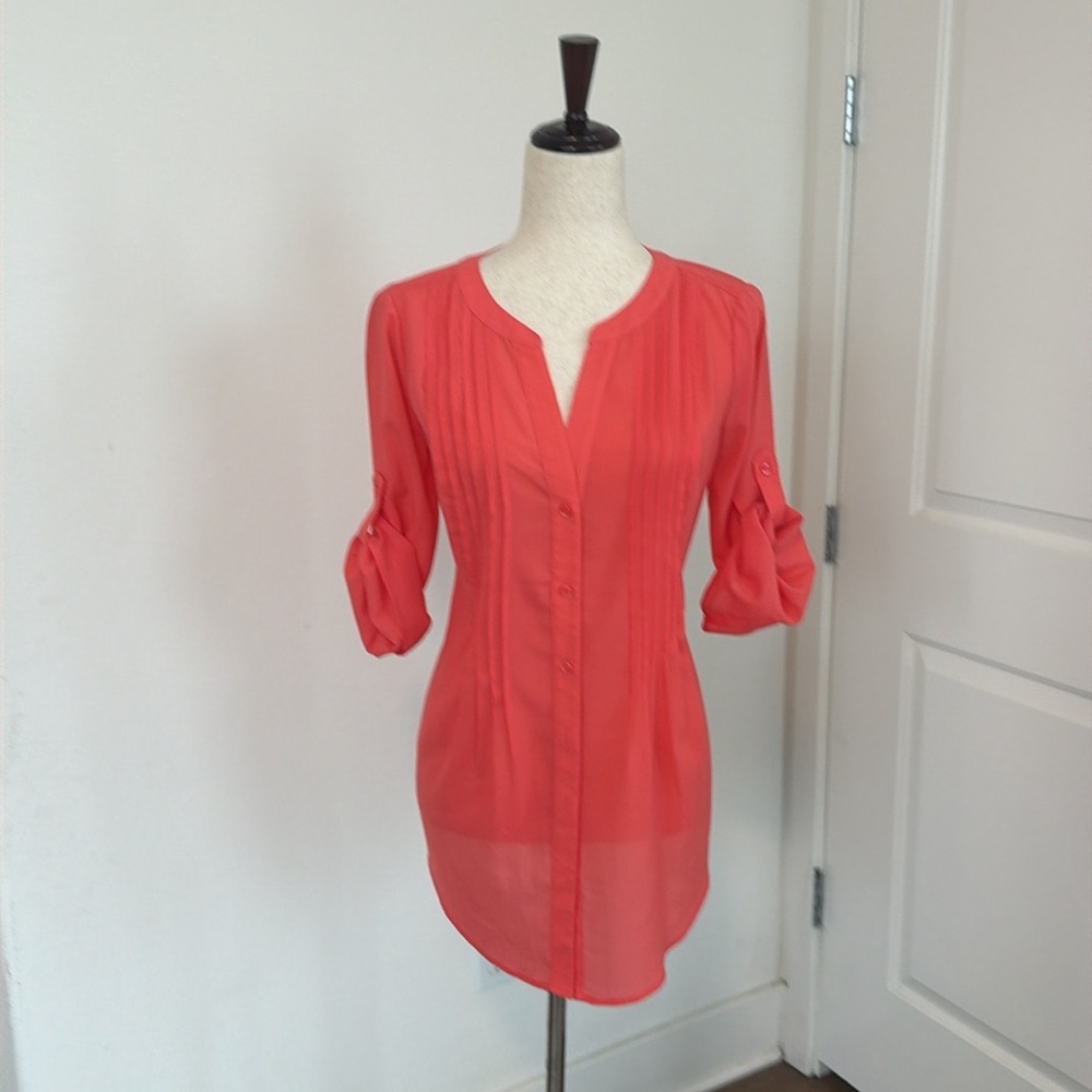 BCBG Coral Pink Pleated Button-Front Blouse